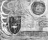 Et uvejr bryder løs. Træet krummer rødder og bøjer af, det bedste, det har lært. Men det er som om hver anstrengelse for at stå fast løsner rødderne en smule mere fra det faste tag i jorden, hver føjen sig for vinden driver af sted med det i stedet for at give efter. Men det er ingen rigtig vind. Uvejret er et andet end det vante. Træets ansigt kommer op og ud og vonder sig i angst og smerte. Vendt ud og kommet frem, farer dets åsyn op mod natten. Det flagrer uden mål. Rodløst rives det med.